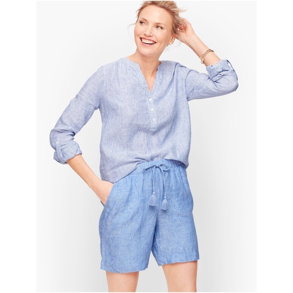 TALBOTS Coastal Grandmother Coastal Preppy Linen Popover Stripe Blouse Size M